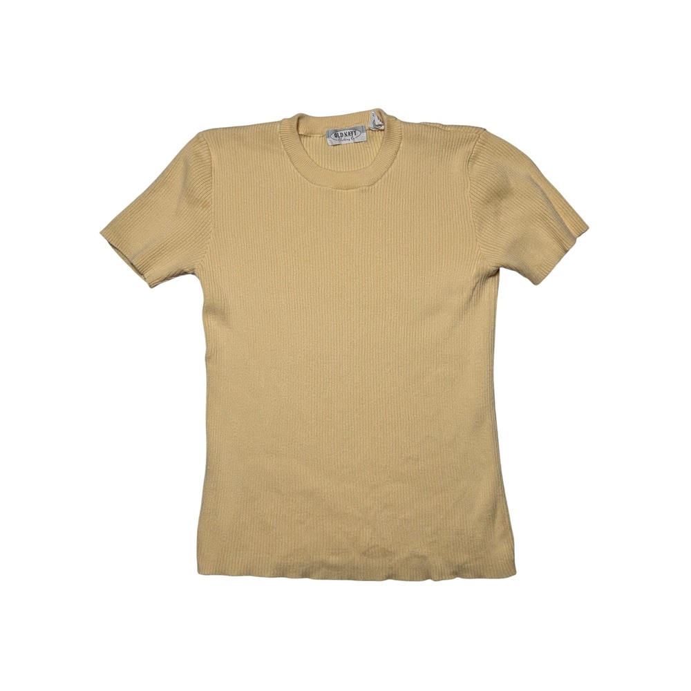 Vintage 90s Old Navy Yellow Ribbed Knit Short Sleeve Sweater Classic Y2KPreppy M